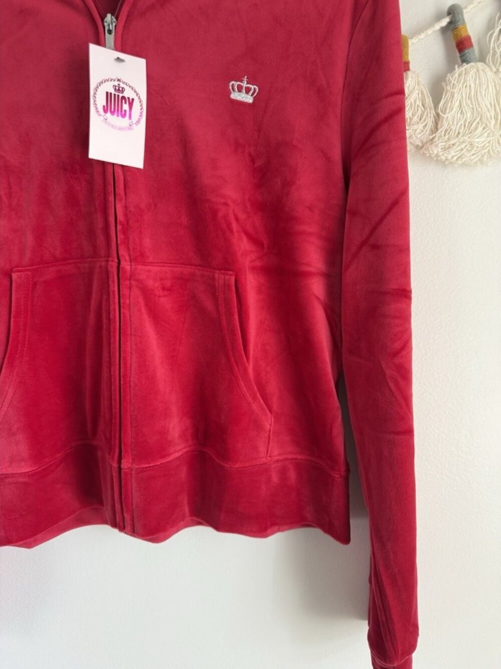 Juicy Couture Velour Hooded Track Jacket RED Full Zip Crown Bling Back NEW XXL - Picture 5 of 10